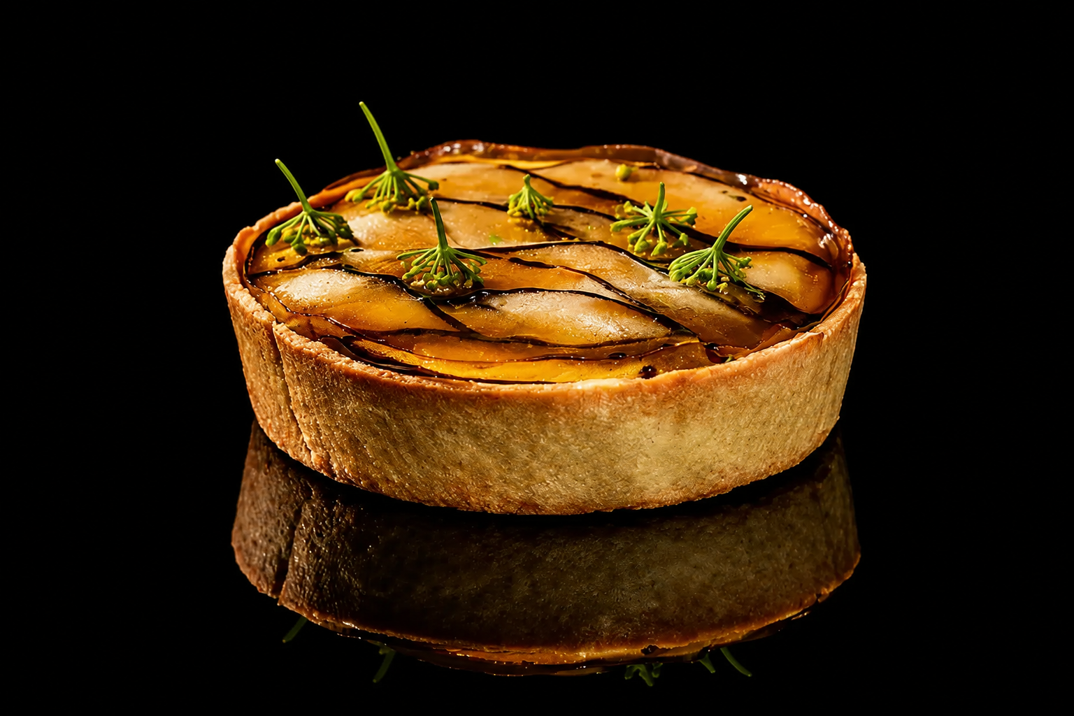 Tarte aux poires décorée de jeunes pousses et d'un filet de sauce au chocolat, sur fond noir.