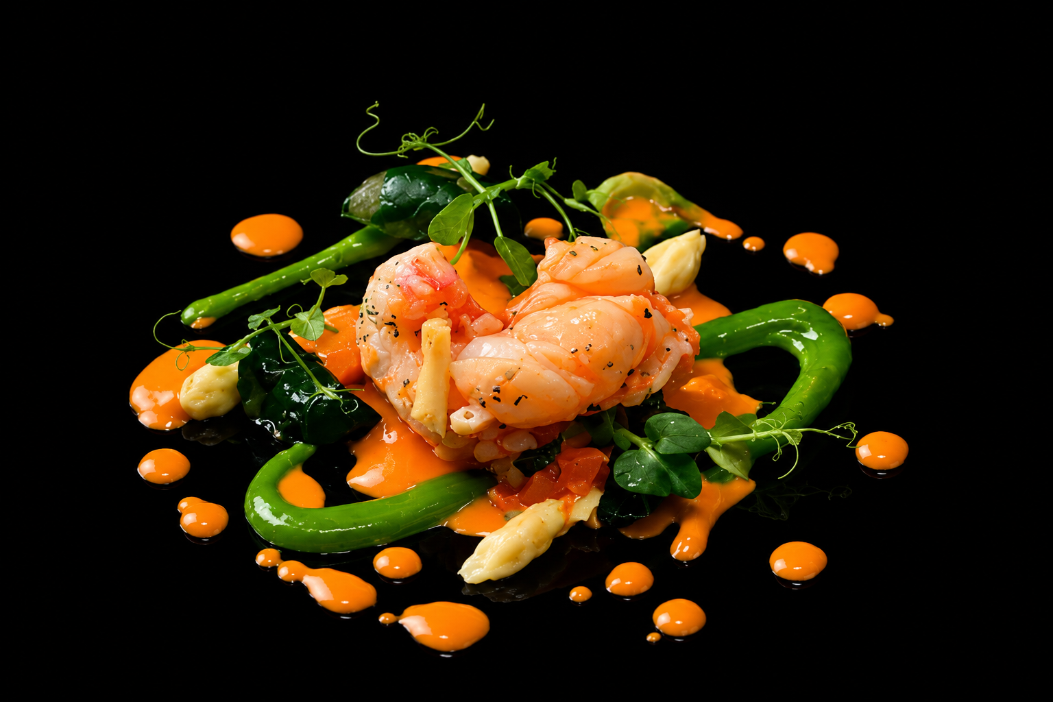 Assiette de fruits de mer avec crevettes, saumon, légumes verts, et sauce orange sur fond noir.