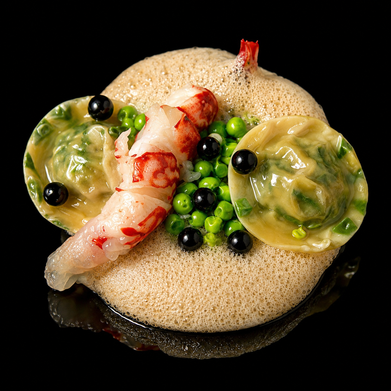 Assiette de fruits de mer avec crevettes, coquilles Saint-Jacques, petits pois, and caviar, sur fond noir.