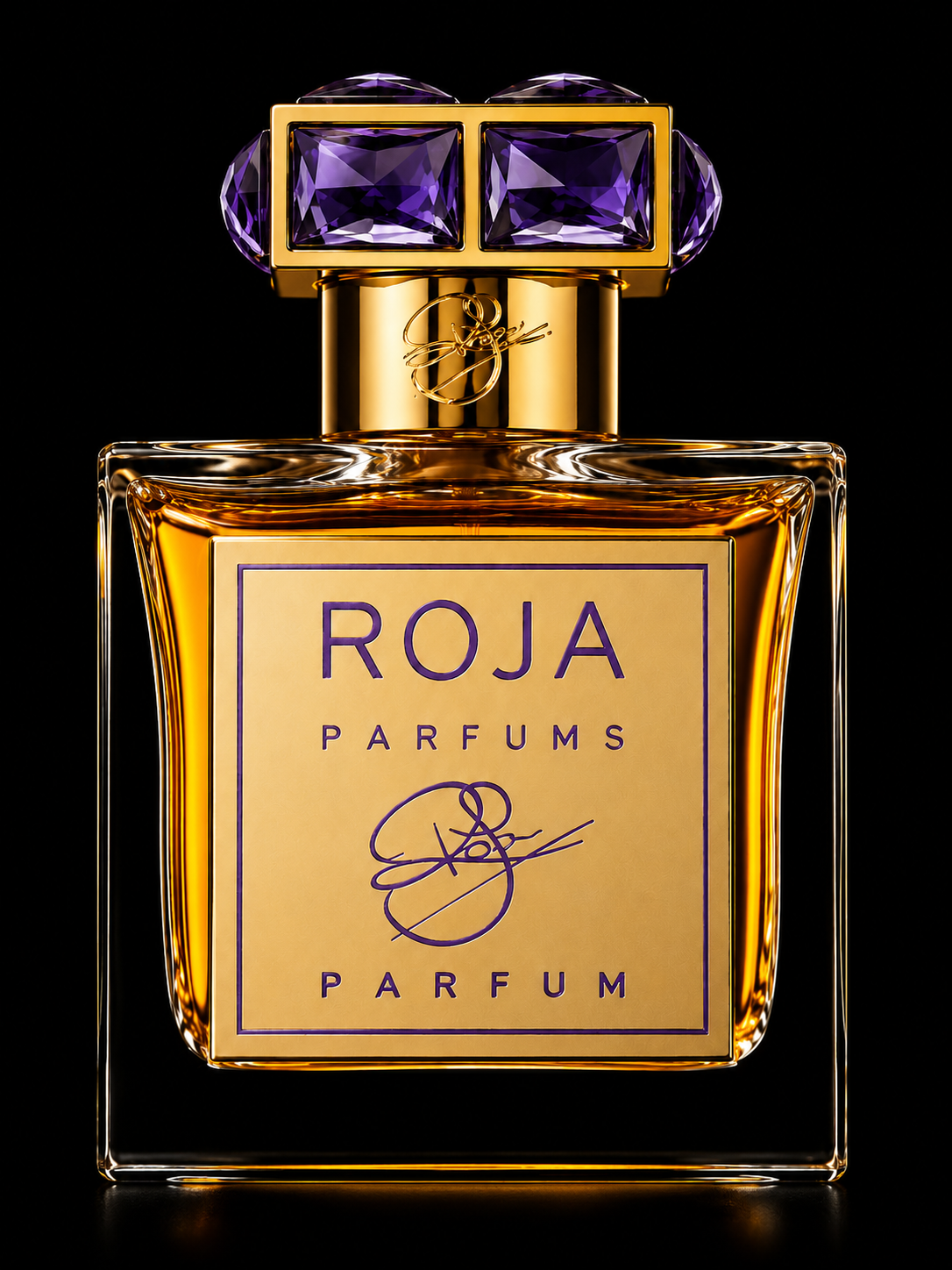 Bouteille de parfum Luxe avec étiquette beige, texte violet, et design or, ornée de cristaux violets sur le bouchon, fond noir