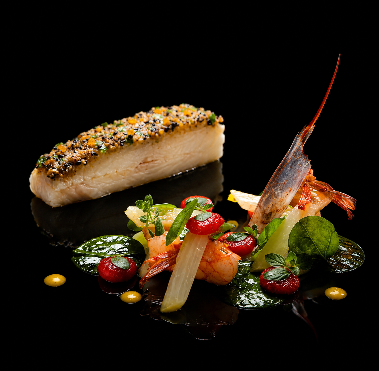 Assiette de poisson avec garniture de légumes et sauce sur un fond noir