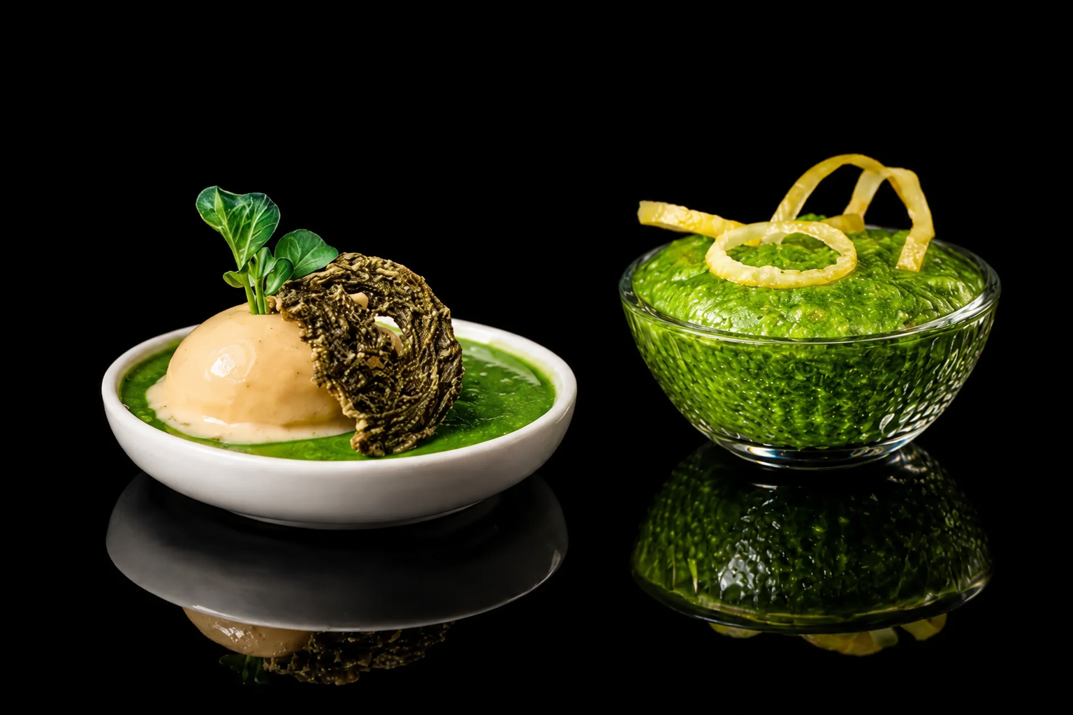 Deux plats de cuisine inventive avec des légumes verts, présentés dans des bols en verre et en céramique sur un fond noir