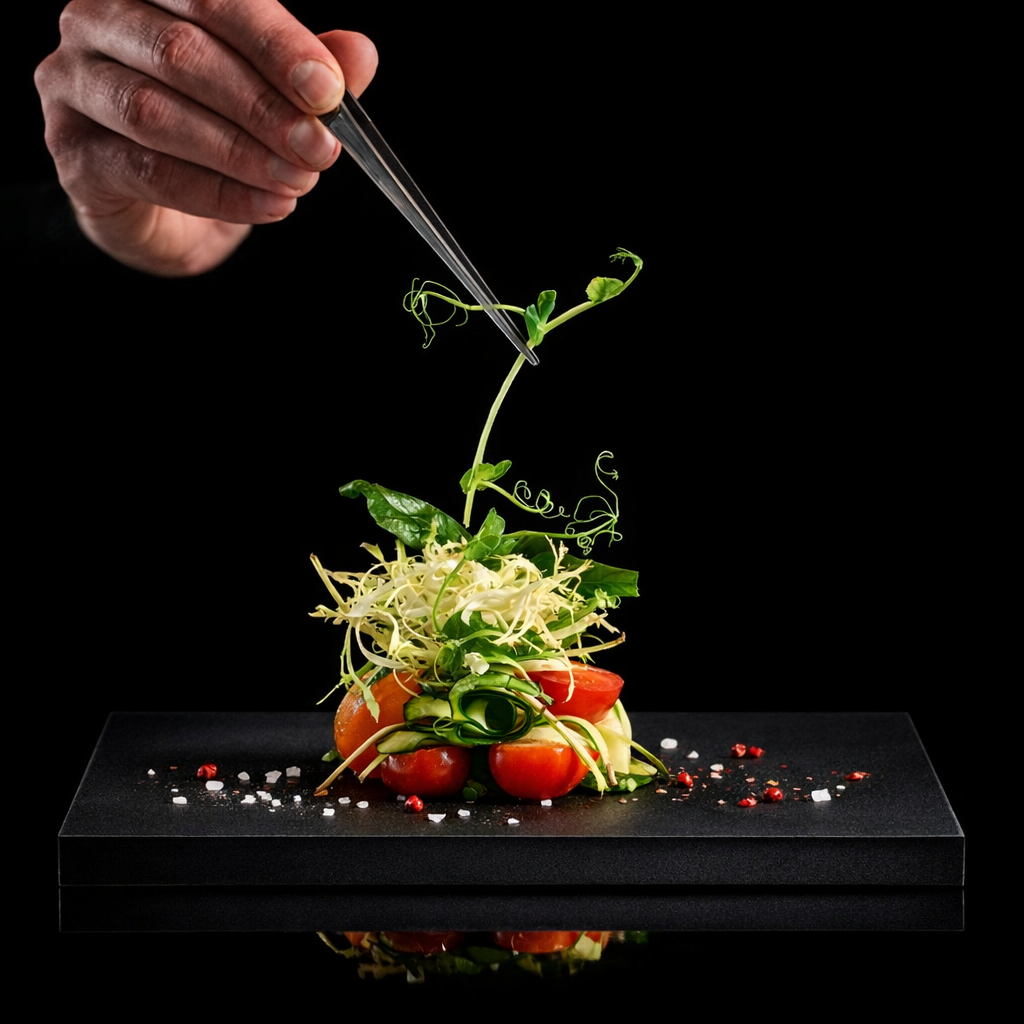 Une main tenant une pipette dépose un élément sur une assiette de salade sophistiquée composée de tomates, de feuilles de salade, de jeunes pousses et de spirales de légumes, avec des épices.
