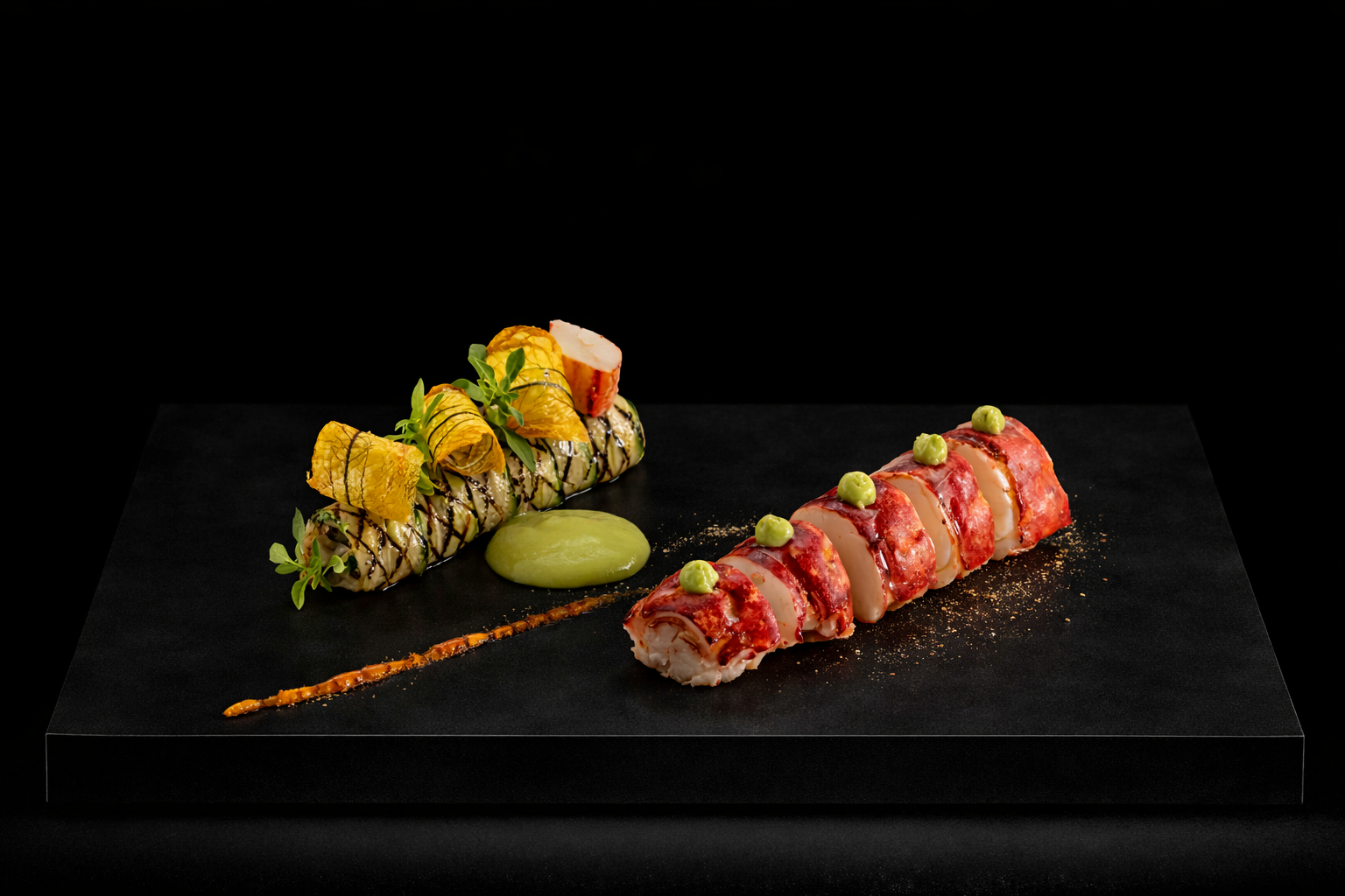 Assortiment de sushis sur une planche noire, avec du wasabi vert. La planche comporte deux rouleaux de sushi, l'un enroulé avec de l'avocat et saupoudré de sauce, l'autre avec du poisson cru et garniture verte.