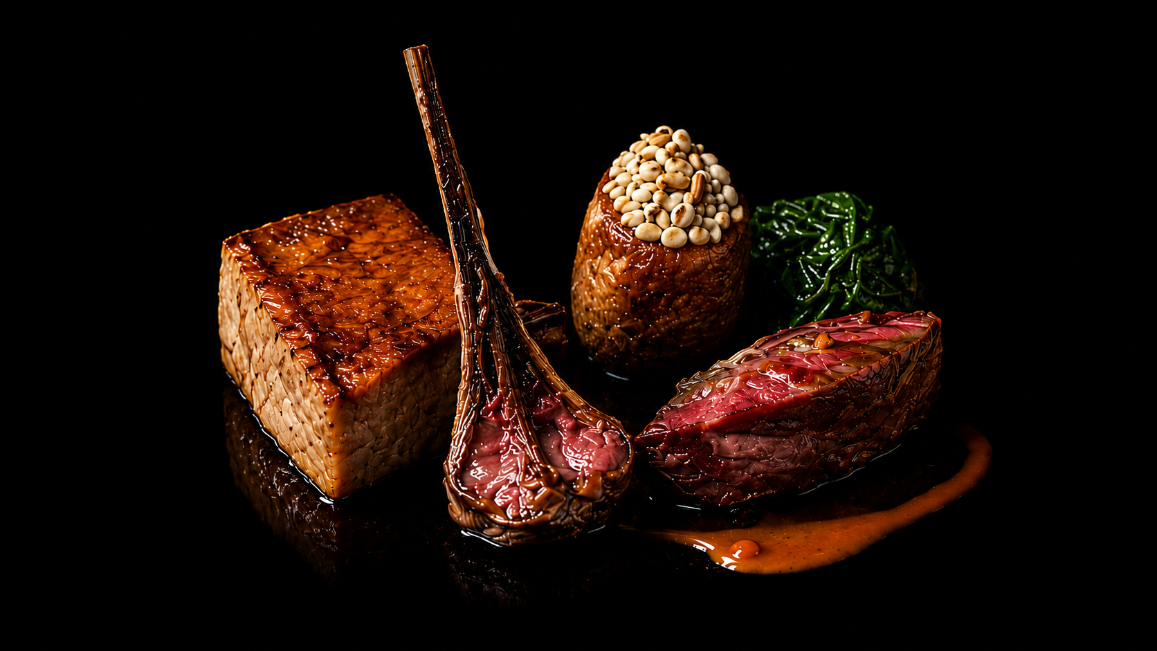 Assortiment de tapas ou dégustations de viande, garnitures et sauces sur un fond noir.