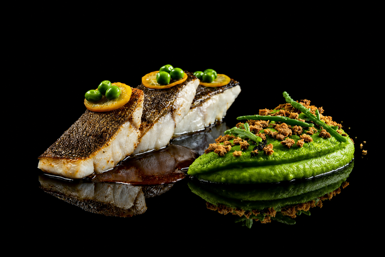 Filet de poisson avec sauce noire, garniture de citron vert, petits pois, et croustilles, présenté avec purée de verdure et crumble croustillant, sur fond noir.