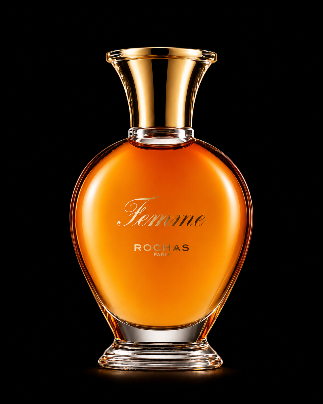 Flacon de parfum transparent avec liquide orange, marqué "Femme" et "Rochas Paris"