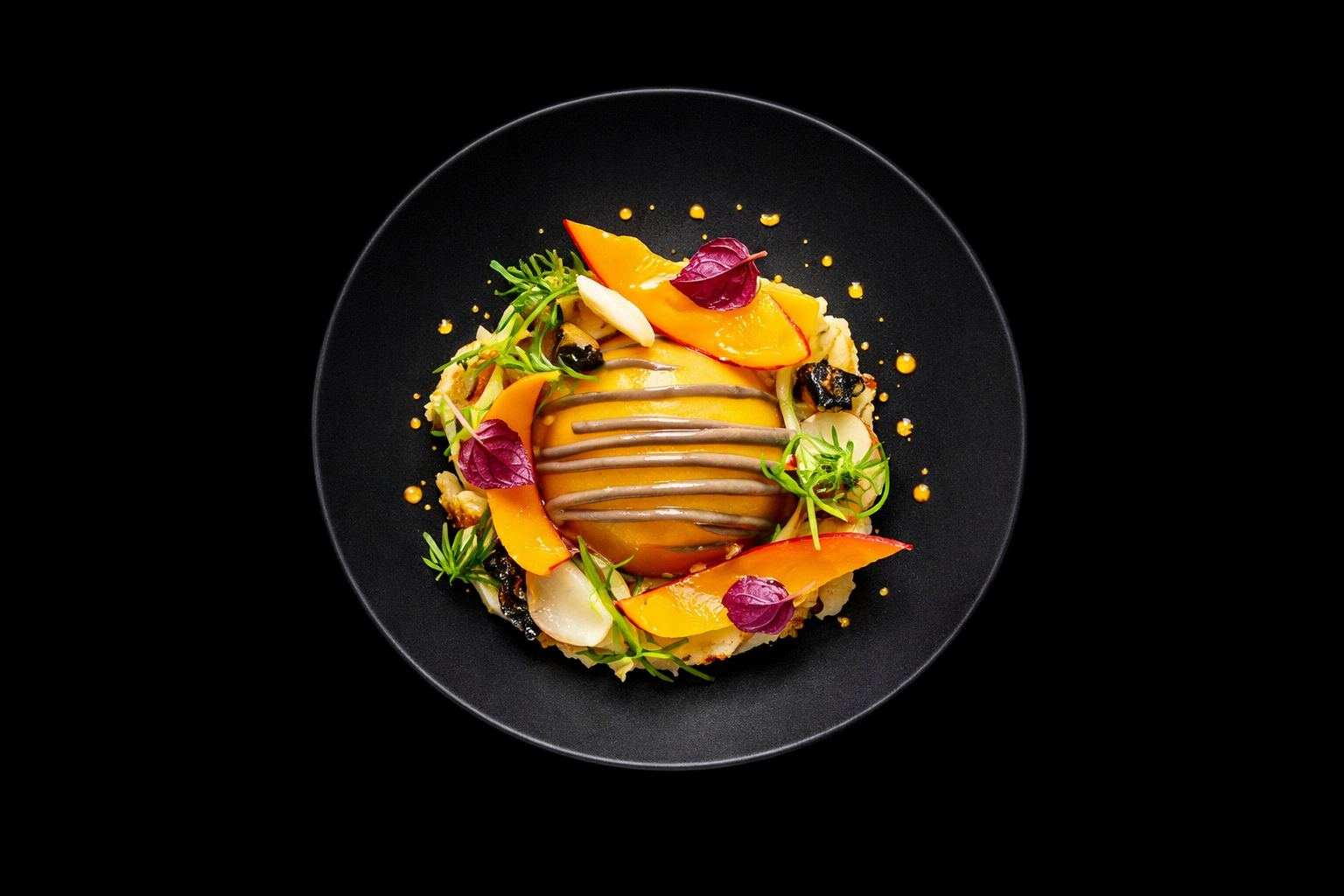 Un plat gastronomique avec un filet de poisson ou un dessert rond, entouré de légumes colorés, de feuilles vertes, et de décorations en sauce sur une assiette noire.