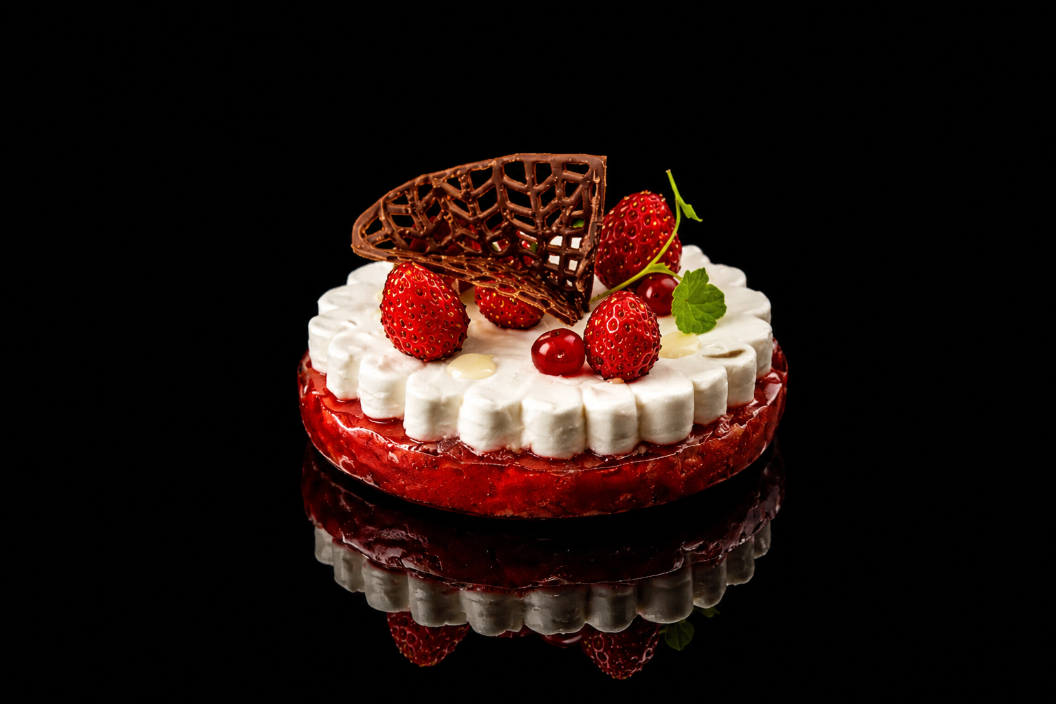 Gâteau décoré avec des fraises, un écaille en chocolat, une feuille de menthe, et des petits fruits rouges, sur un fond noir.