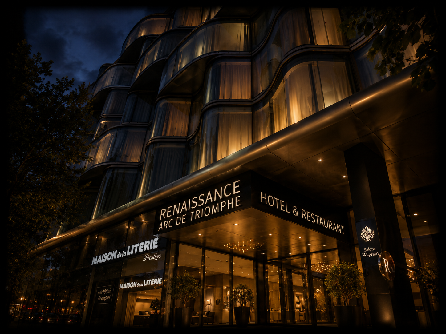 Bâtiment moderne avec éclairage intérieur chaud, enseignes indiquant Renaissance, Arc de Triomphe, hôtel et restaurant, et maison de la literie.