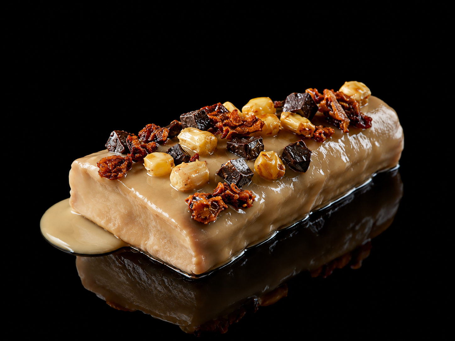 Dessert de crème glacée à la vanille décoré de morceaux de chocolat noir, de noisettes et de bacon croustillant, avec une sauce caramel qui coule sur le côté, sur un fond noir.