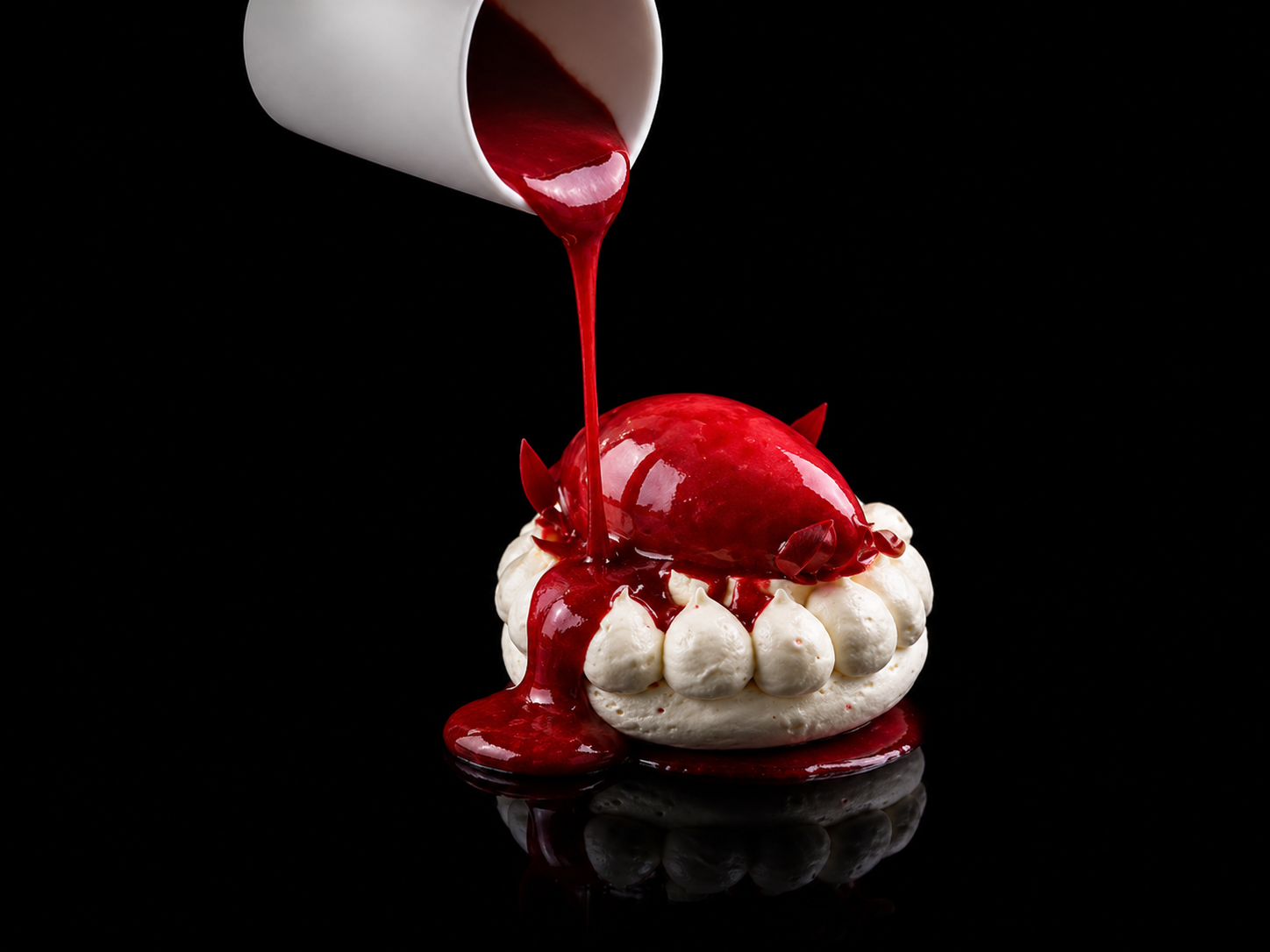 Un dessert avec une meringue blanche, une grosse fraise et une sauce rouge being versée dessus, avec un fond noir.