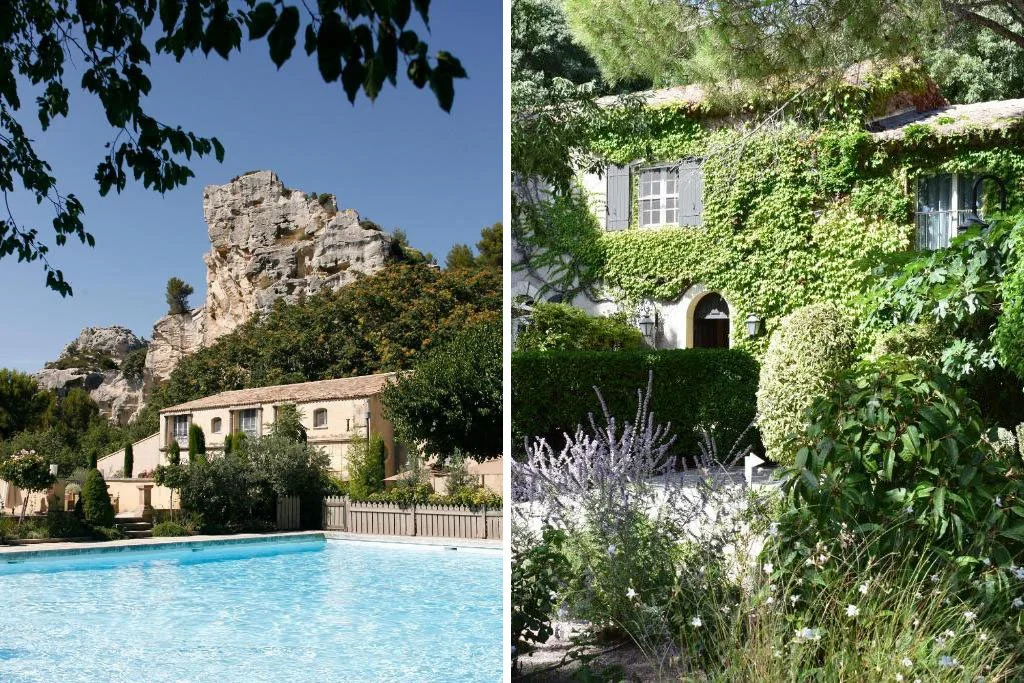 Partie gauche : maison avec montagne en arrière-plan, piscine au premier plan. Partie droite : maison couverte de végétation et jardins fleuris.