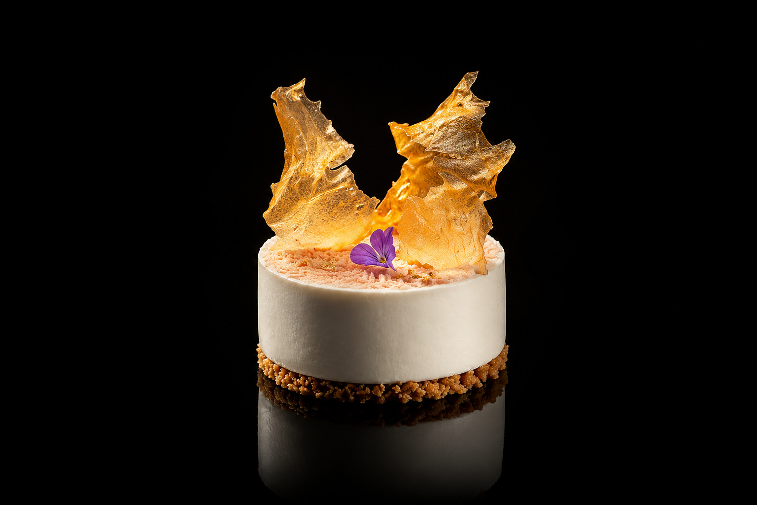 Gâteau élégant avec une base de biscuit, garniture blanche, décor en caramel croquant et une petite fleur violette. Fond noir
