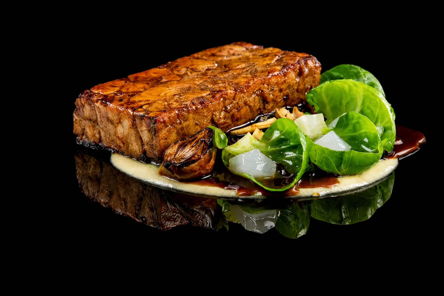 Gros plan d'une portion de poisson cuit avec légumes verts et sauce, sur une assiette noire.