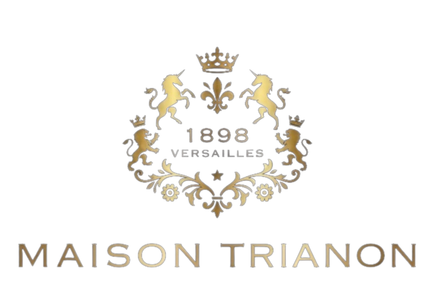 Logo doré avec deux lions ailés, une couronne, une fleur de lys, la date 1898, le lieu Versailles, et le texte 'Maison Trianon' en bas.
