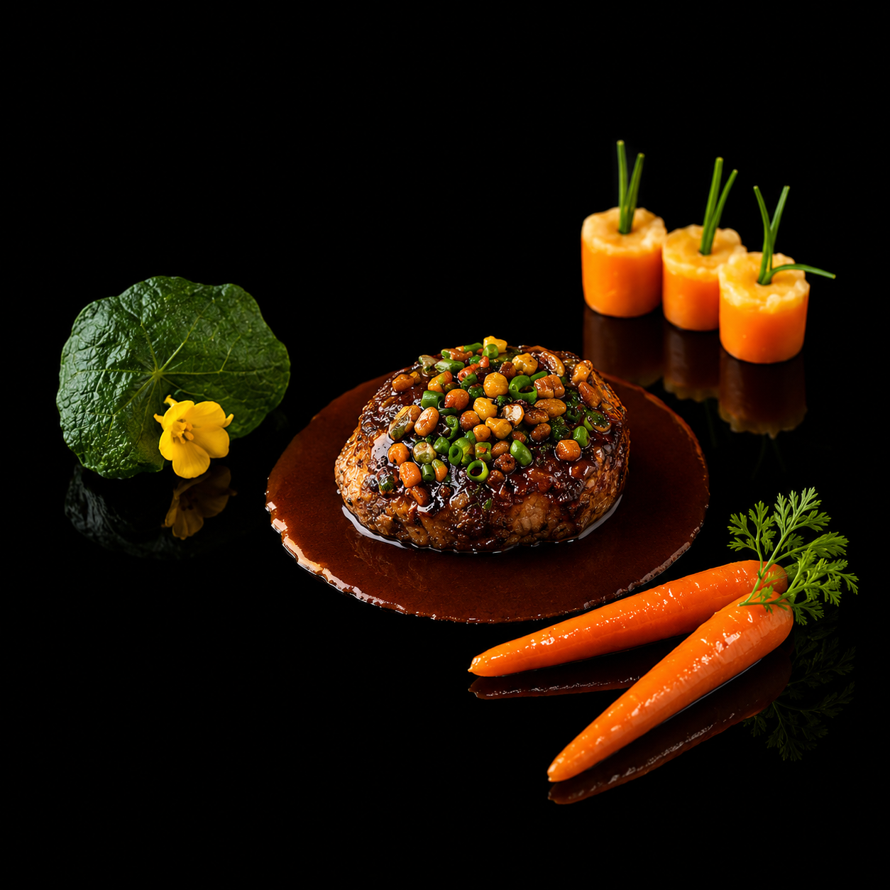 Plat gastronomique avec une viande accompagnée de légumes, carottes, pois et sauce, décoré de feuilles et fleurs