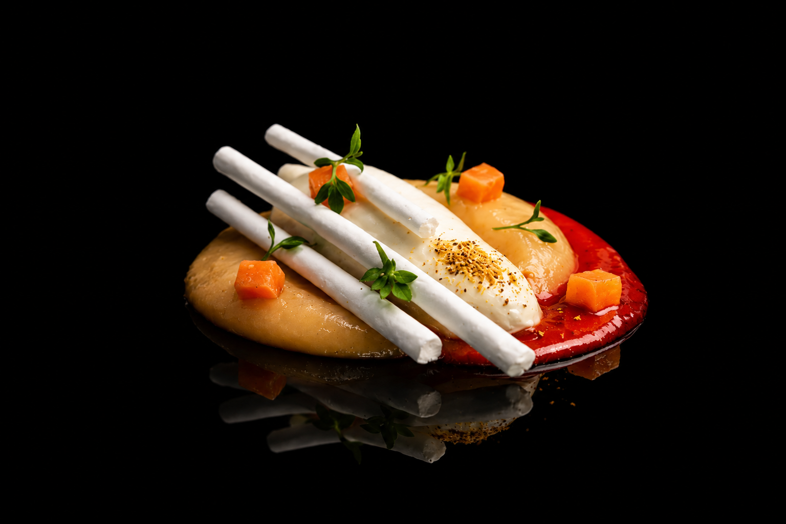 Assiette de cuisine moderne avec pois chiches, microgreens, et une sauce blanche, décorée de bâtonnets blancs, sur un fond noir.