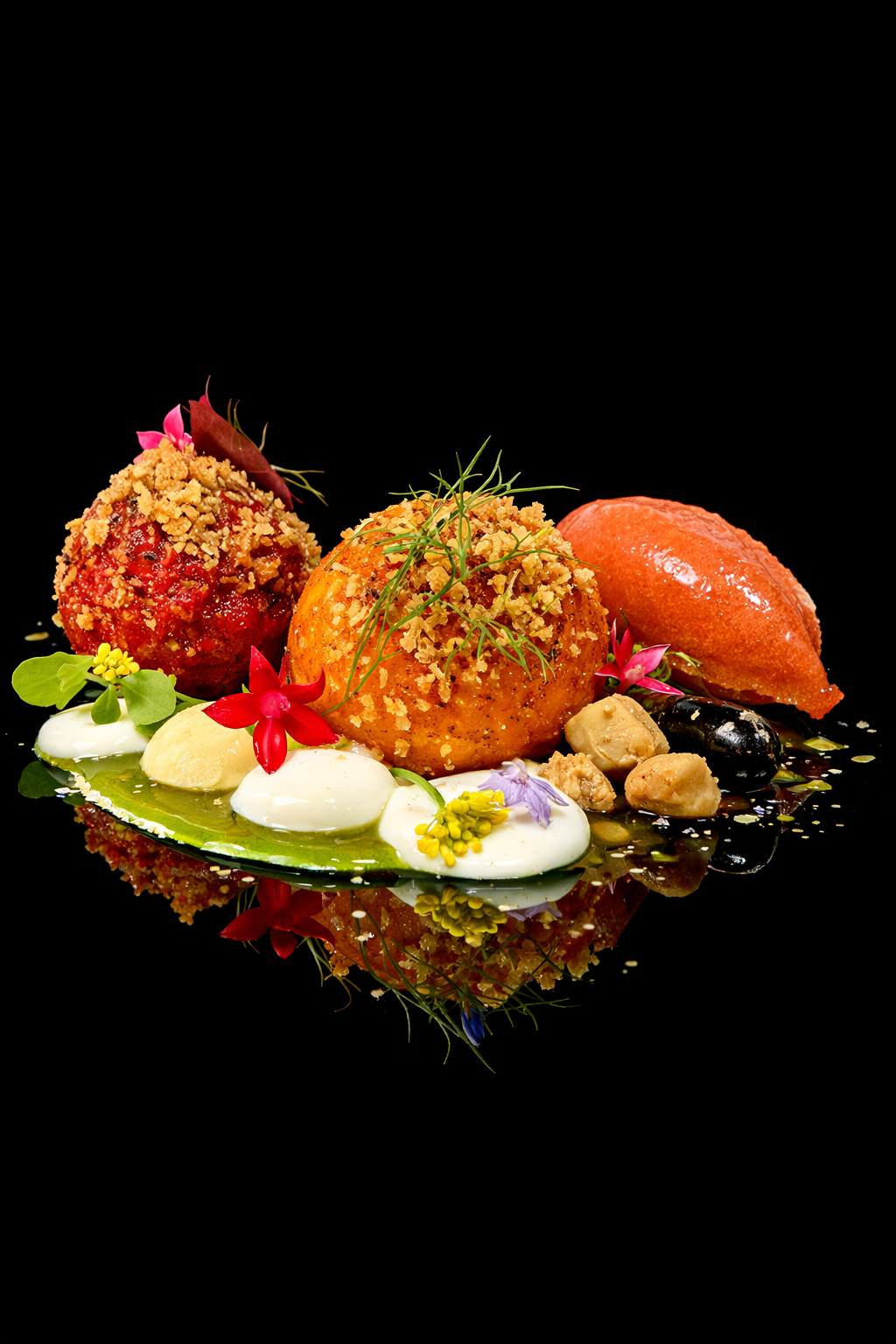 Assiette de plats gastronomiques avec boulettes de viande en croûte, accompagnements de sauces, fleurs et herbes décoratives, présenté sur un fond noir.