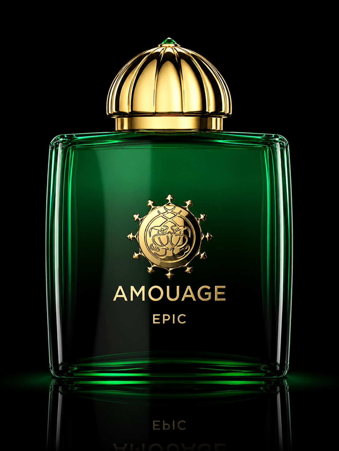 Une bouteille de parfum verte avec un bouchon doré, portant le logo et le nom 'Amouage Epic' sur un fond noir.