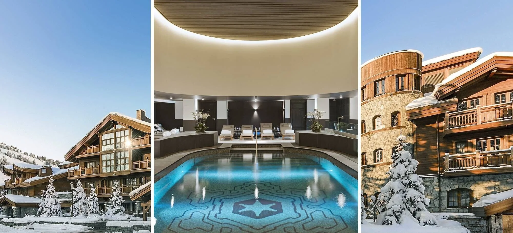 Vacances d'hiver avec un chalet en bois enneigé, une piscine intérieure moderne et un hall d'hôtel avec spa.