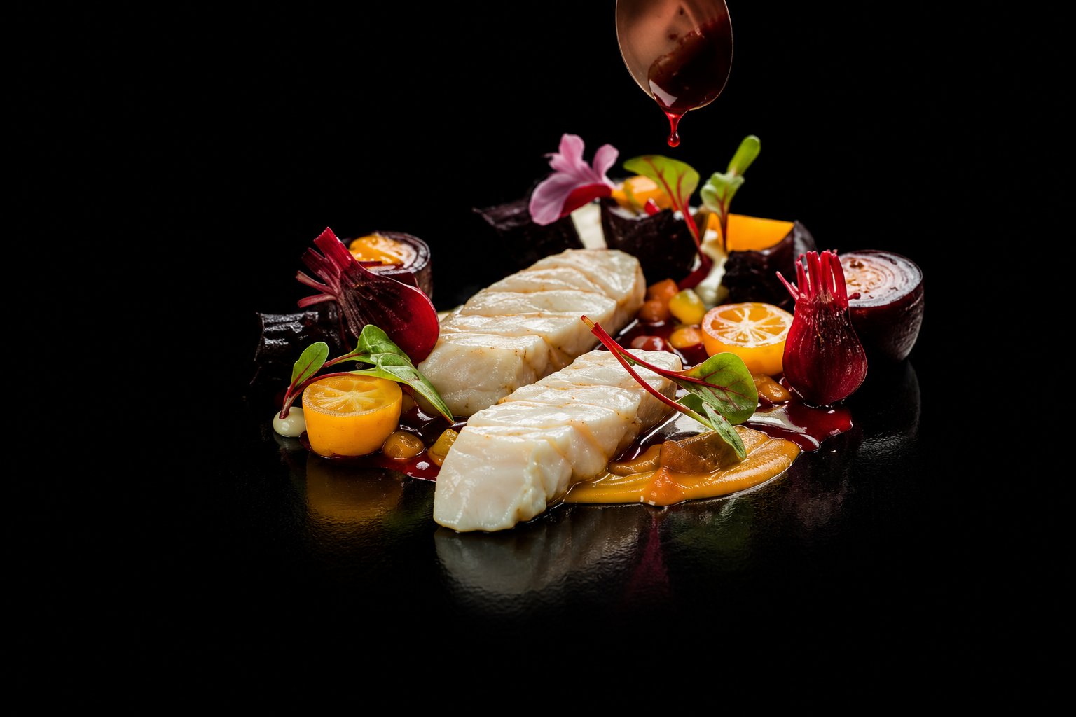 Gros plan d'un plat sophistiqué de poisson blanc avec des quartiers de citron, des légumes colorés, de la sauce rouge et des garnitures végétales, sur un fond noir