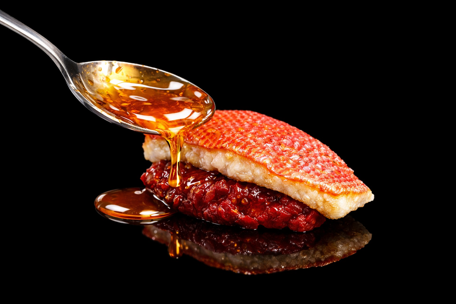 Une cuillère verse du miel sur un filet de poisson posé sur une purée de tomates.