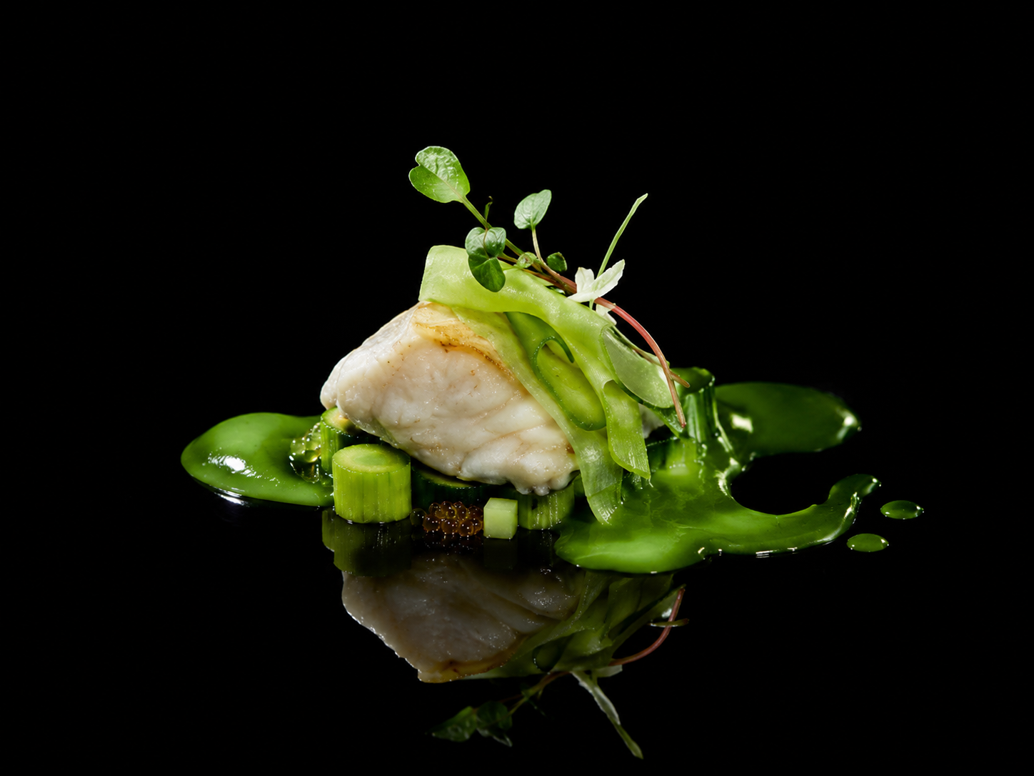 Gourmet plat de poisson blanc avec légumes verts et microgreens sur un fond noir