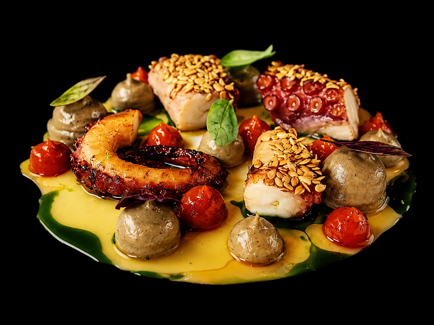 Assiette de fruits de mer avec tentacule de poulpe, morceaux de poisson en croûte de graines, boulettes, tomates cerises, herbes, et sauces colorées sur fond noir.