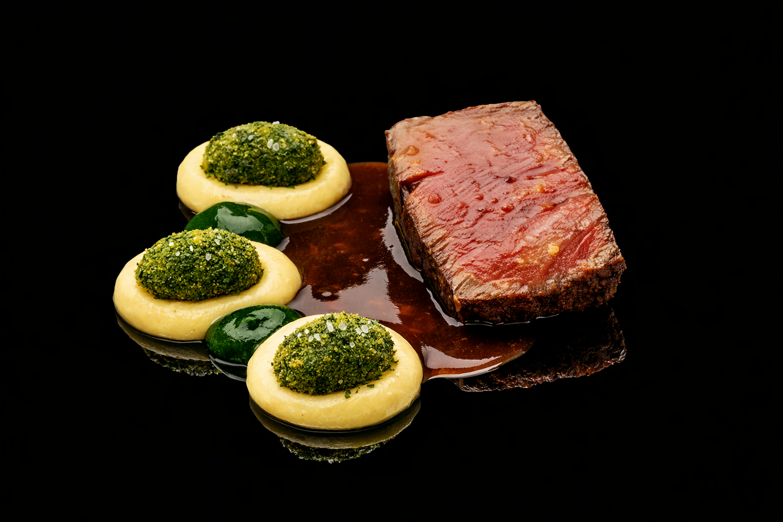 Filet de boeuf mijoté avec sauce, accompagné de purée de pommes de terre décorée de brocolis et de pois