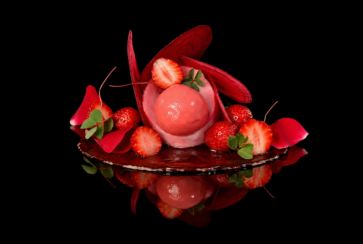Une création sucrée avec des fraises, des pétales de rose, des feuilles vertes, et une boule rose sur un plat en verre noir, avec une réflexion sur la surface noire.