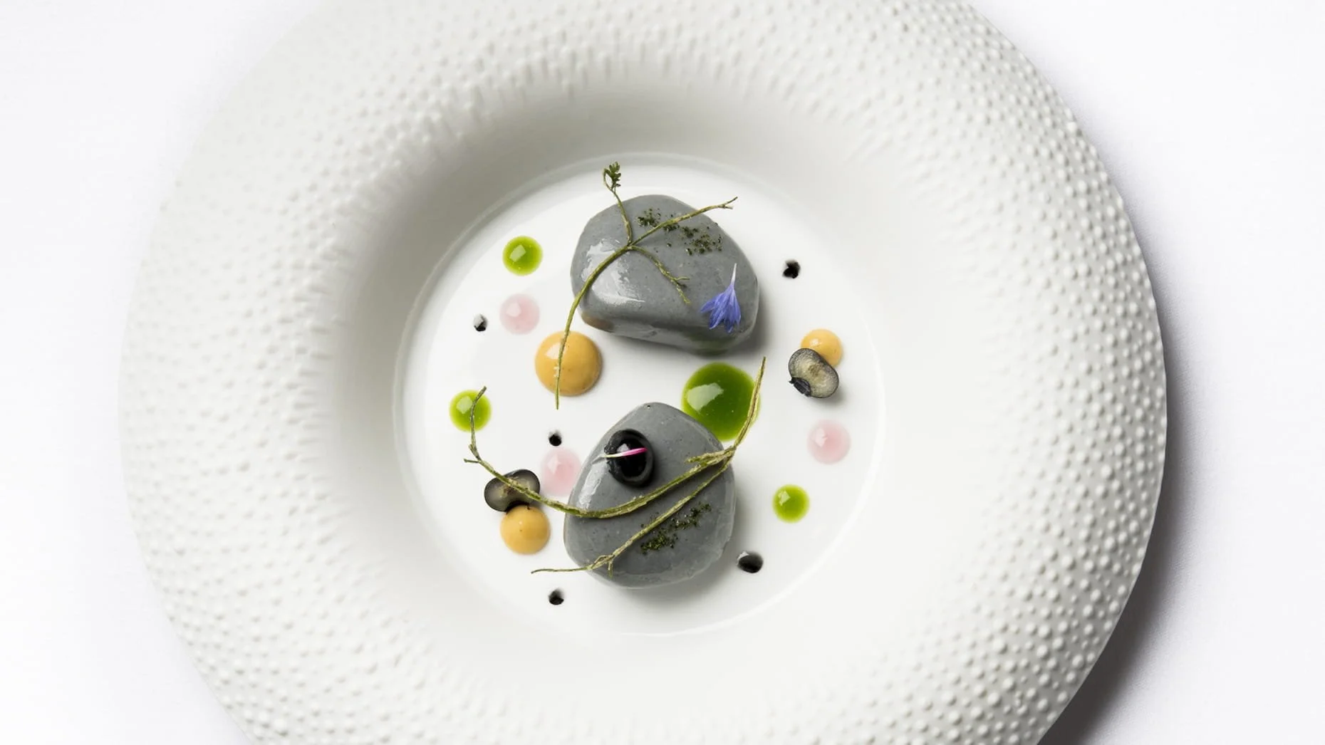 Plat de dessert avec deux galets de chocolat noir décorés avec des petits fruits, des herbes et des sauces colorées, présenté sur une assiette blanche à texture épaissie.