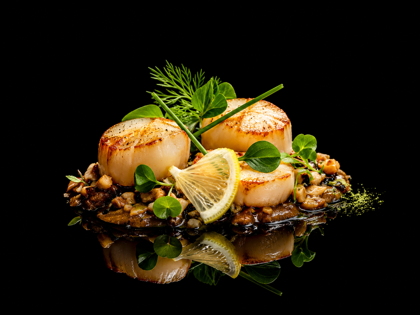 Fruits de mer, probablement des coquilles Saint-Jacques, garnis de citron, verdure et microgreens, présentés sur une surface noire.