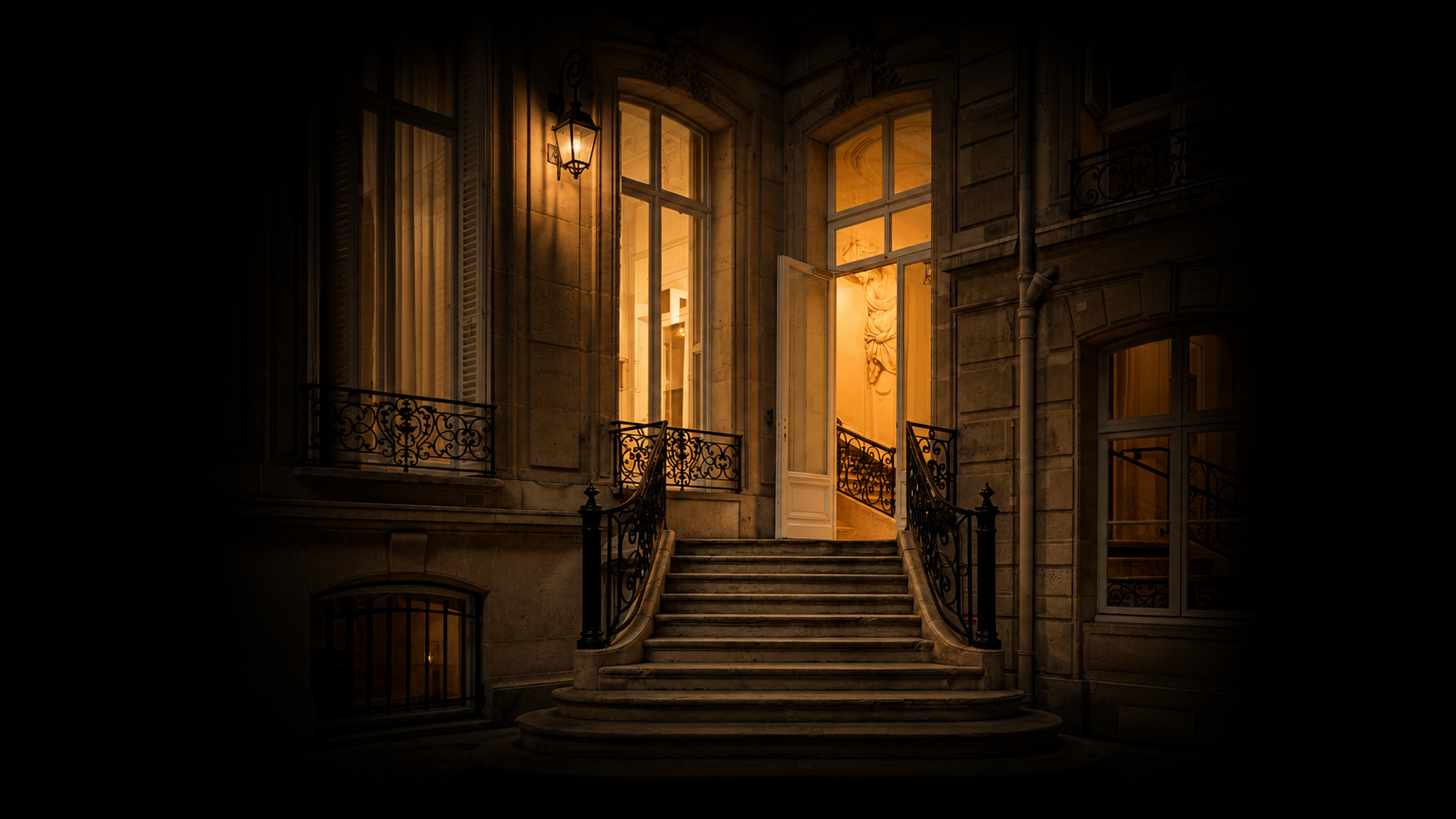 Escalier en pierre menant à une porte de style classique éclairée par une lampe extérieure