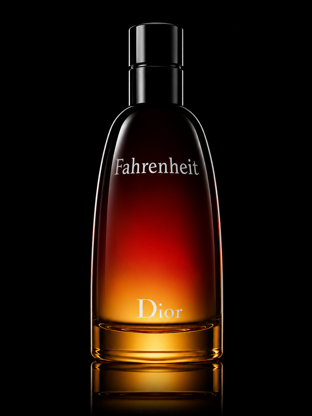 Une bouteille de parfum Dior Fahrenheit, avec un dégradé de couleurs chaudes comme l'orange et le rouge, sur un fond noir.