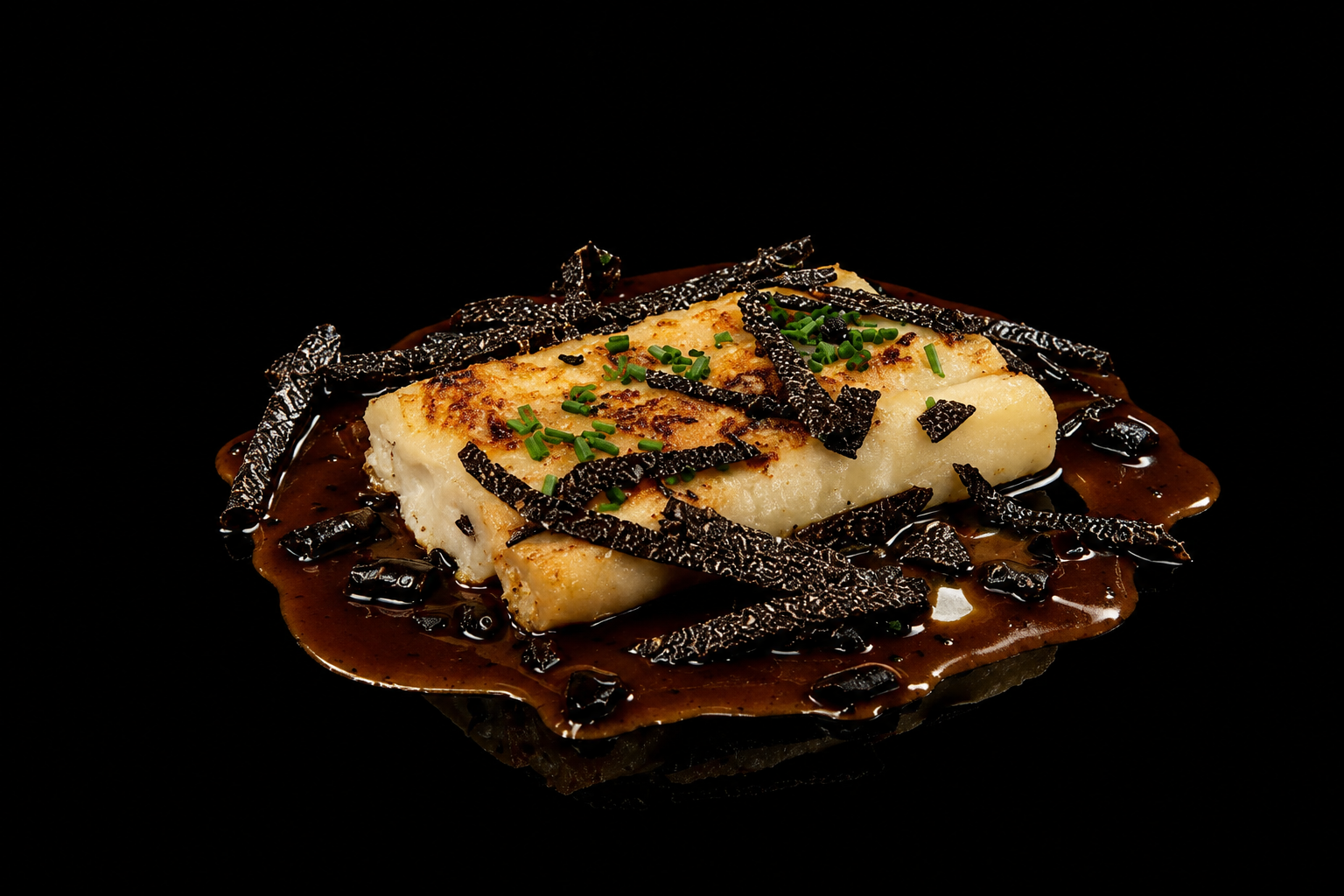 Plat de poisson fondant avec sauce brune, garni de caviar noir et de ciboulette, sur fond noir.