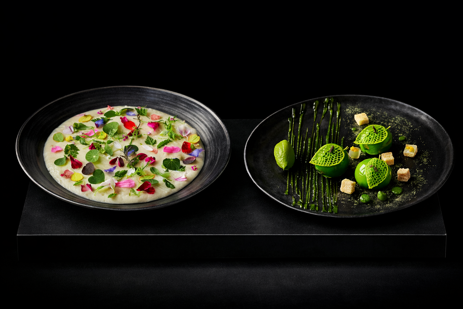 Deux plats de haute gastronomie, un avec des fleurs comestibles et l'autre avec un dessert mystère vert, présentés sur un fond noir.