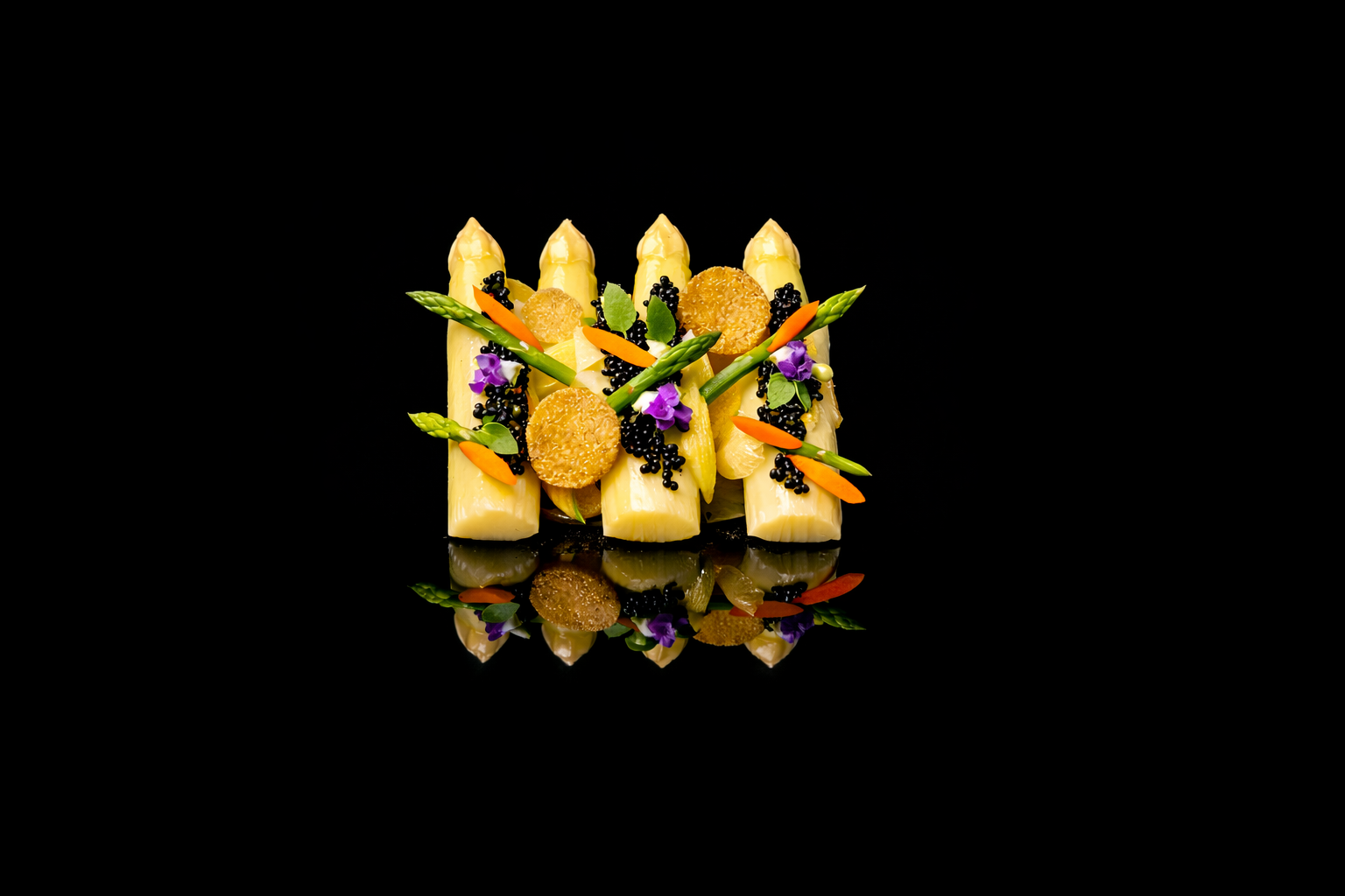 Assiette de légumes et fromages décorée avec des asperges, carottes, minces tranches de fromage blanc, petits chapeaux de champignons, fleurs violettes, petites perles noires et cubes de fromage, sur un fond noir.