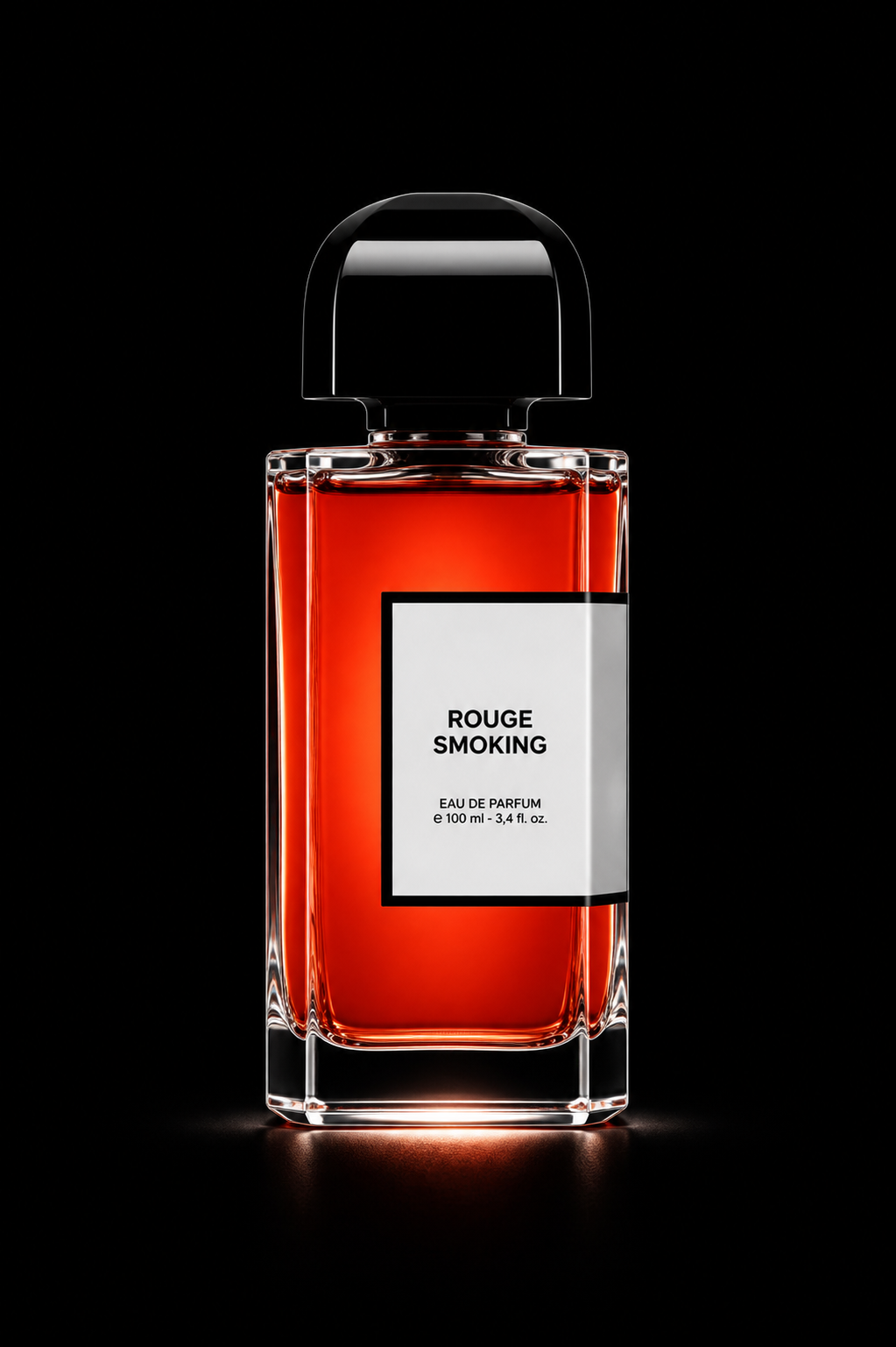 Flacon de parfum transparent avec liquide rouge, étiquette blanche avec écriture noire indiquant « Rouge Smoking », fond noir