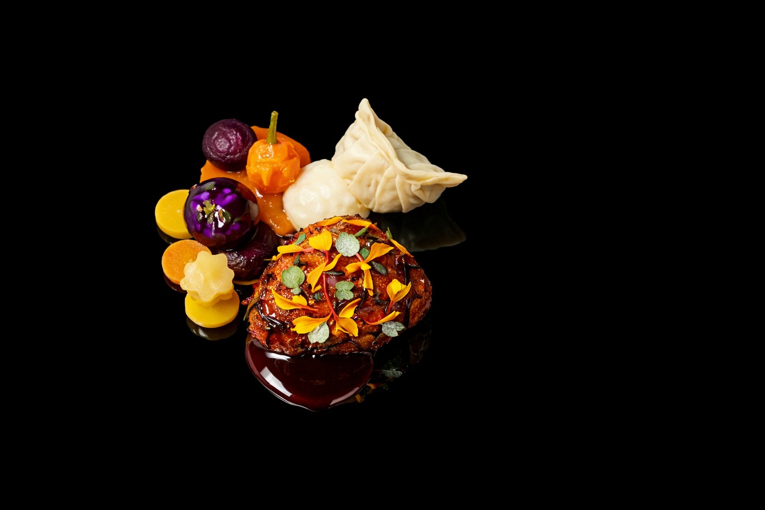Assiette de mets culinaires colorés, comprenant des fruits, des fleurs comestibles, une boule de glace, une pâte en ruban, et une sauce sombre, sur fond noir.