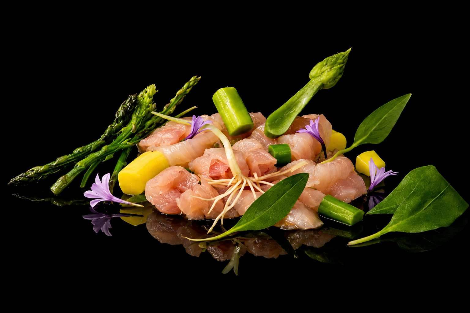 Assiette de poisson cru avec des légumes verts, fleurs violettes et feuilles, sur un fond noir