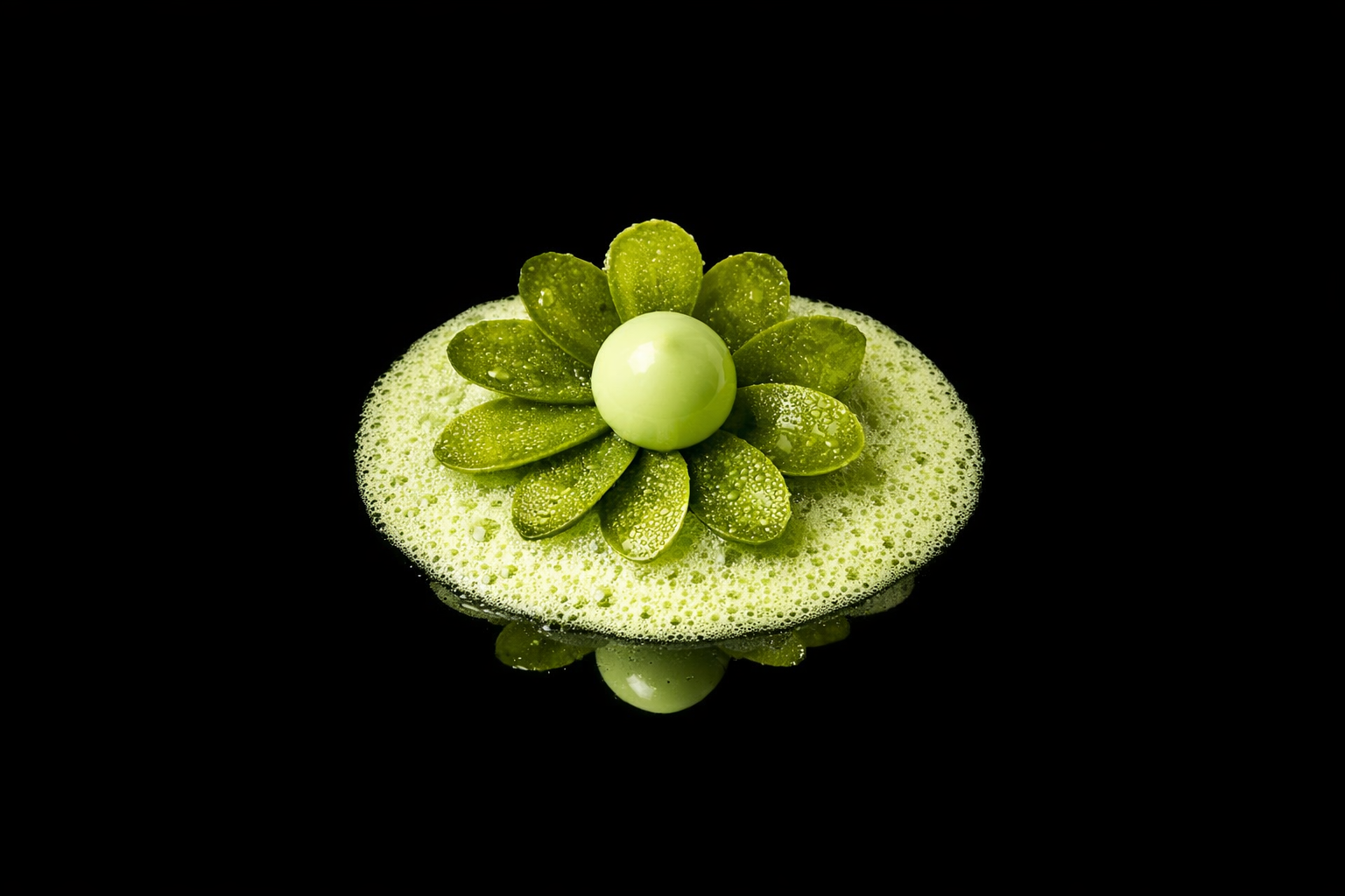 Gateau vert décoré d'une fleur en chocolat vert avec des feuilles en chocolat et une boule en chocolat au centre, sur une surface noire.