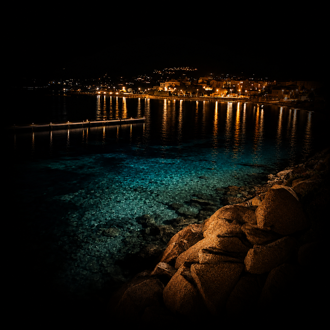 Vue nocturne d'un port avec des maisons éclairées le long de la côte, des rochers au premier plan et l'eau reflétant les lumières, sous un ciel noir.