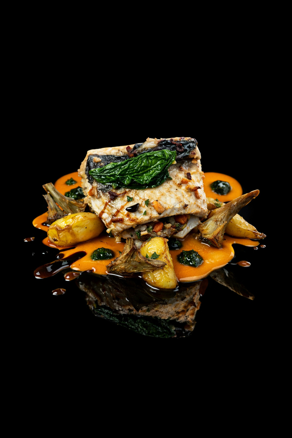 Plat gastronomique avec un morceau de poisson garniture verte, légumes rôtis, sauce orange, décoration de sauces et herbes sur fond noir.