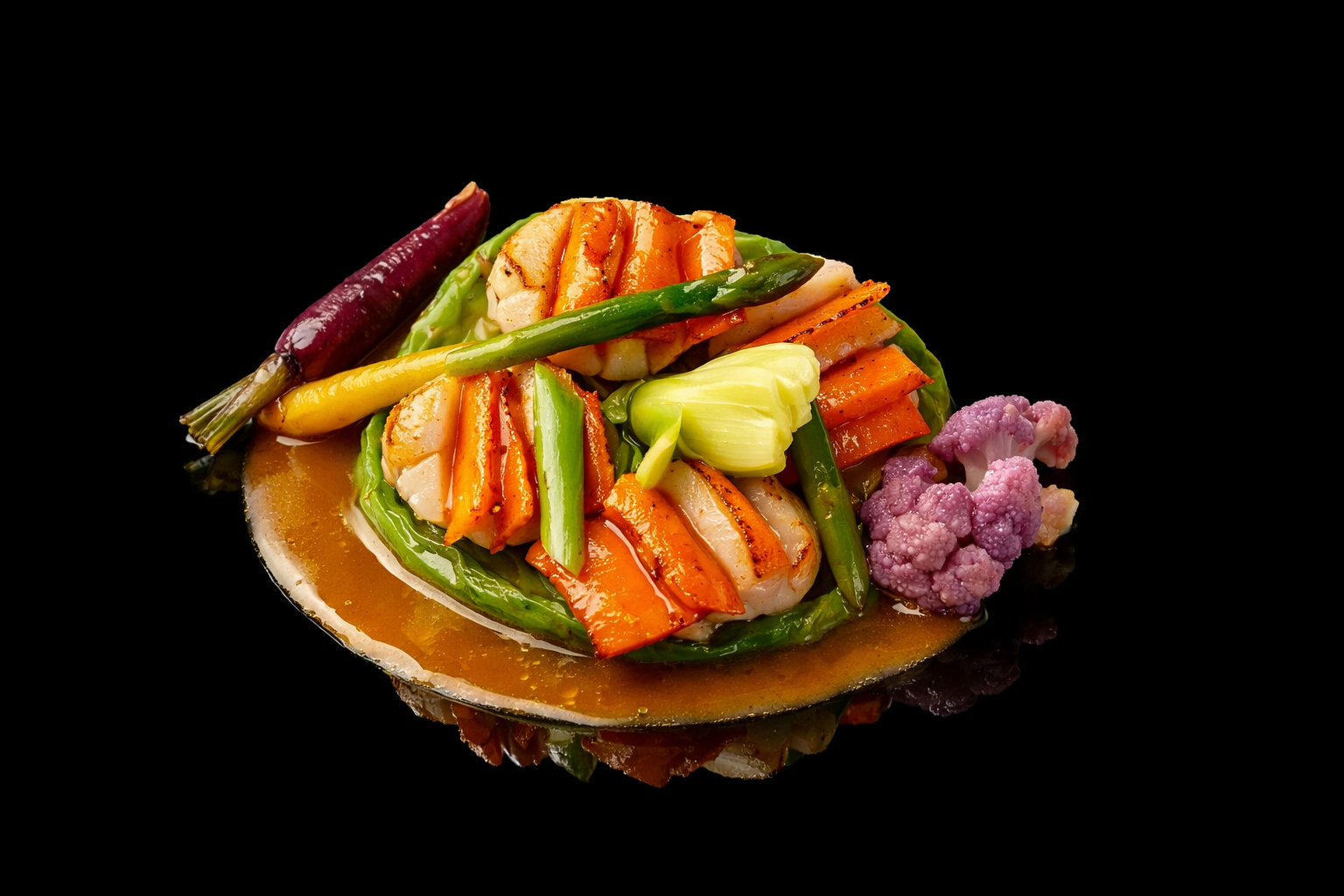 Assortiment de fruits de mer et légumes colorés sur une coquille, présenté sur un fond noir