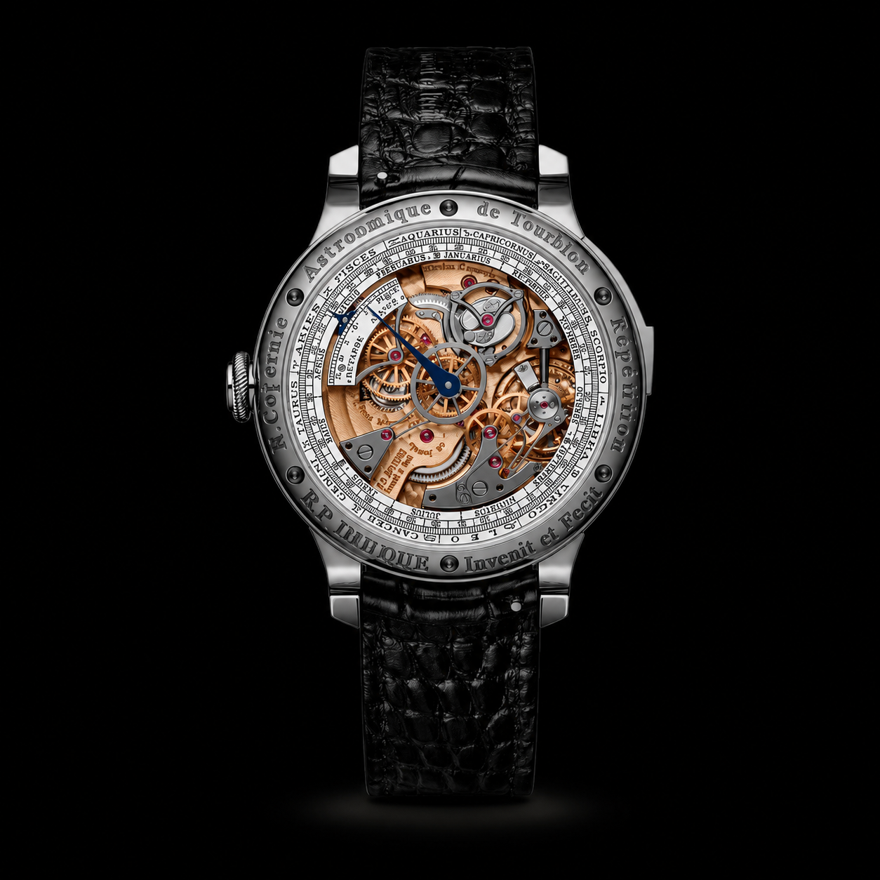 Montre mécanique avec un cadran complexe et visible, en métal précieux, avec un bracelet en cuir noir. Fond noir et détails en or et en bleu.