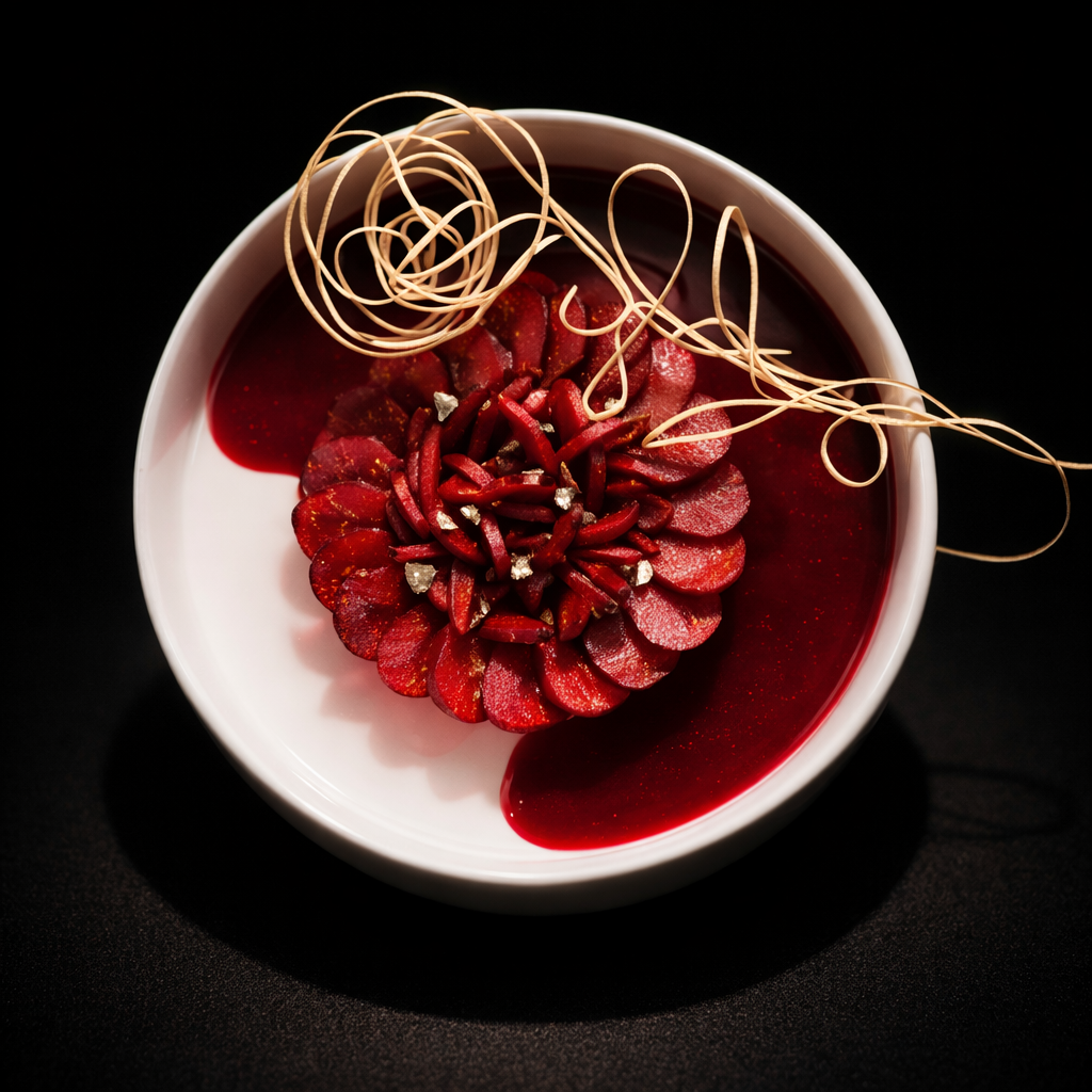 Dessert aux fruits rouges avec décoration en spirale de pâte sur une assiette blanche.