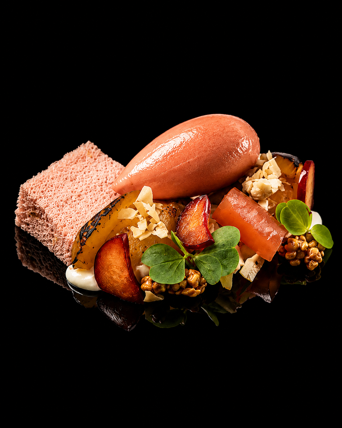 Assiette gastronomique avec mousse rose, crème, feuilles vertes, fruits et copeaux de fromage, sur fond noir.