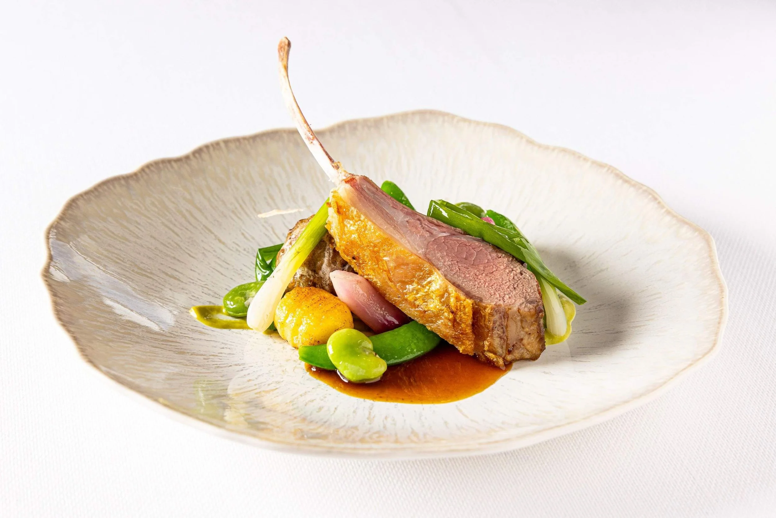Assiette avec une pièce de viande cuite, légumes verts et sauce