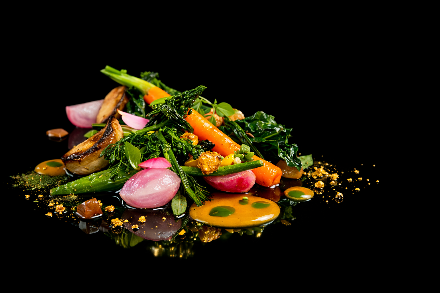 Assiette de légumes colorés et assaisonnés, comprenant des carottes, des asperges, des radis, des champignons et des feuilles vertes, sur fond noir.